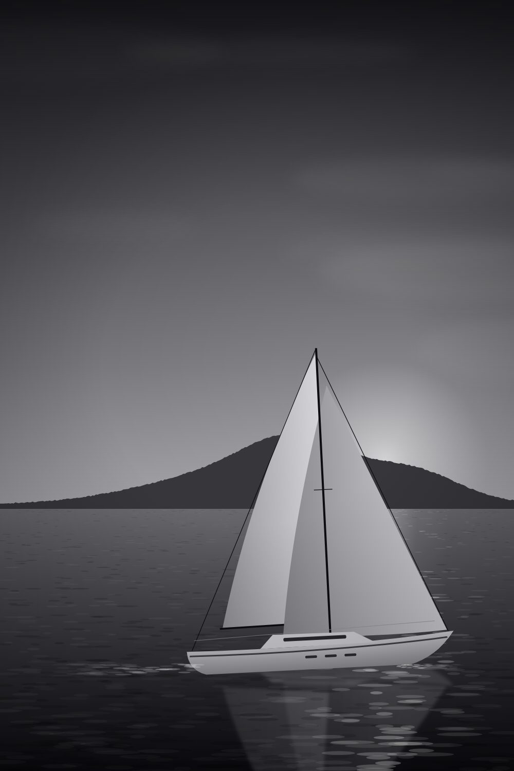A sailboat under sail on a calm evening sea