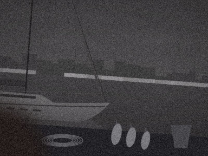 A dim, tilted phone photo of a sailboat in a crowded marina